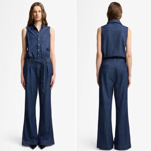 NWT 7 for All Mankind Weightless Point Collar Denim Pleated Wide Leg Jumpsuit - Picture 1 of 8